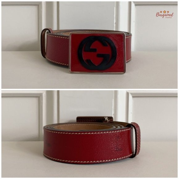Authentic GUCCI Red Patent Leather Black Interlocking G Plaque Buckle Belt 90/36 - Picture 3 of 13